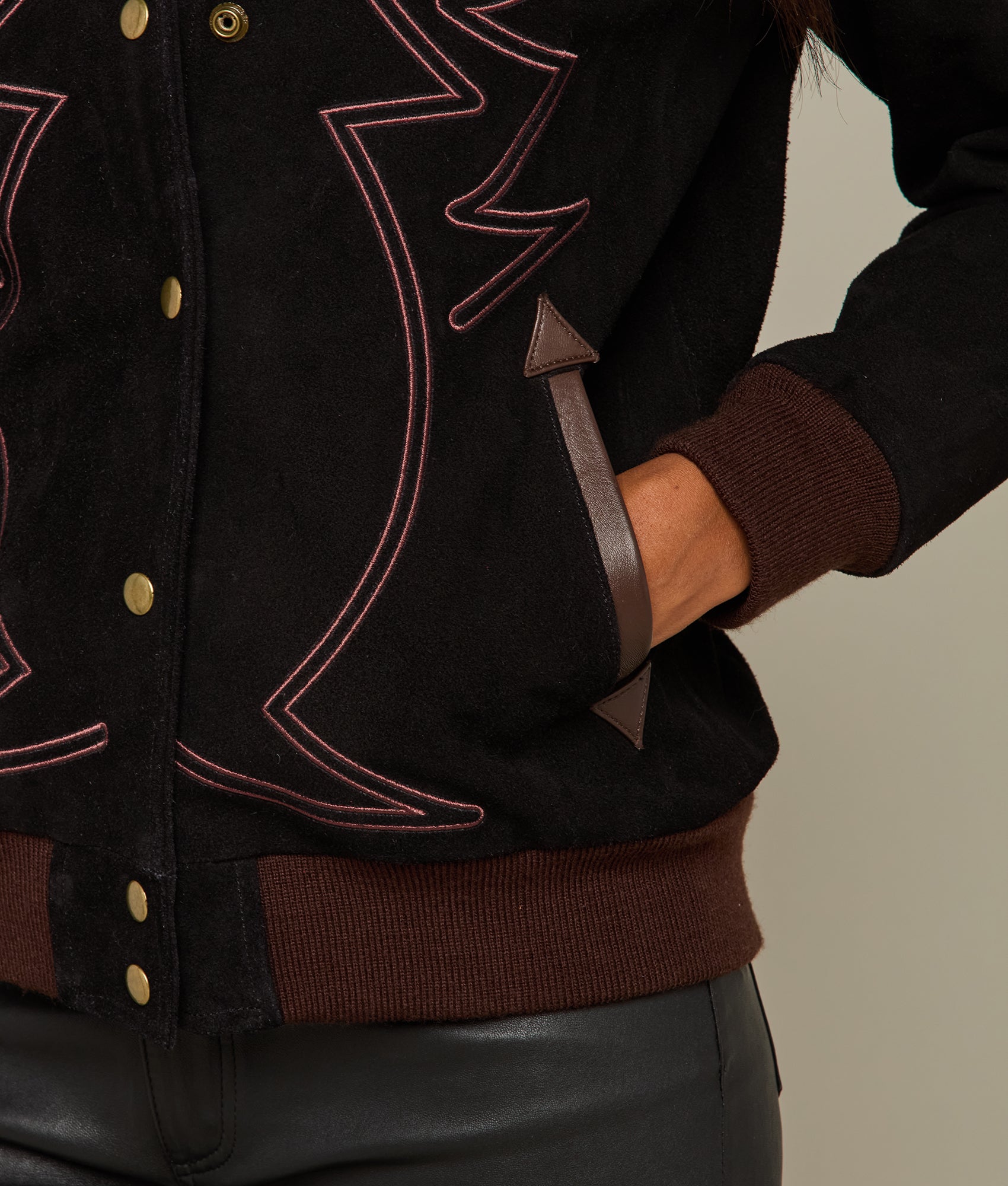 Embroidered Suede Bomber Jacket :: Black - Image 6