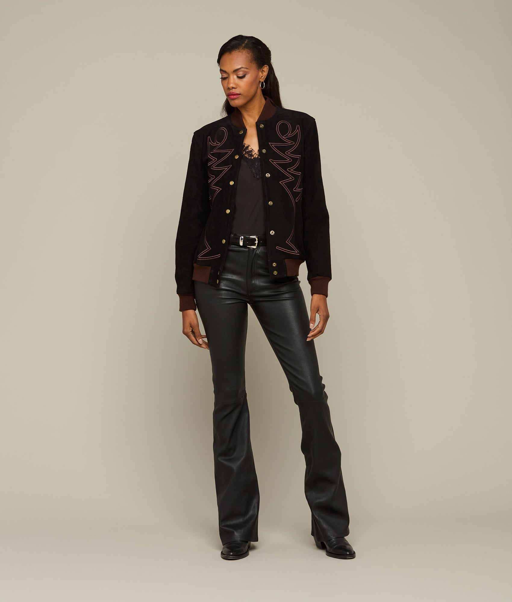 Embroidered Suede Bomber Jacket :: Black - Image 5