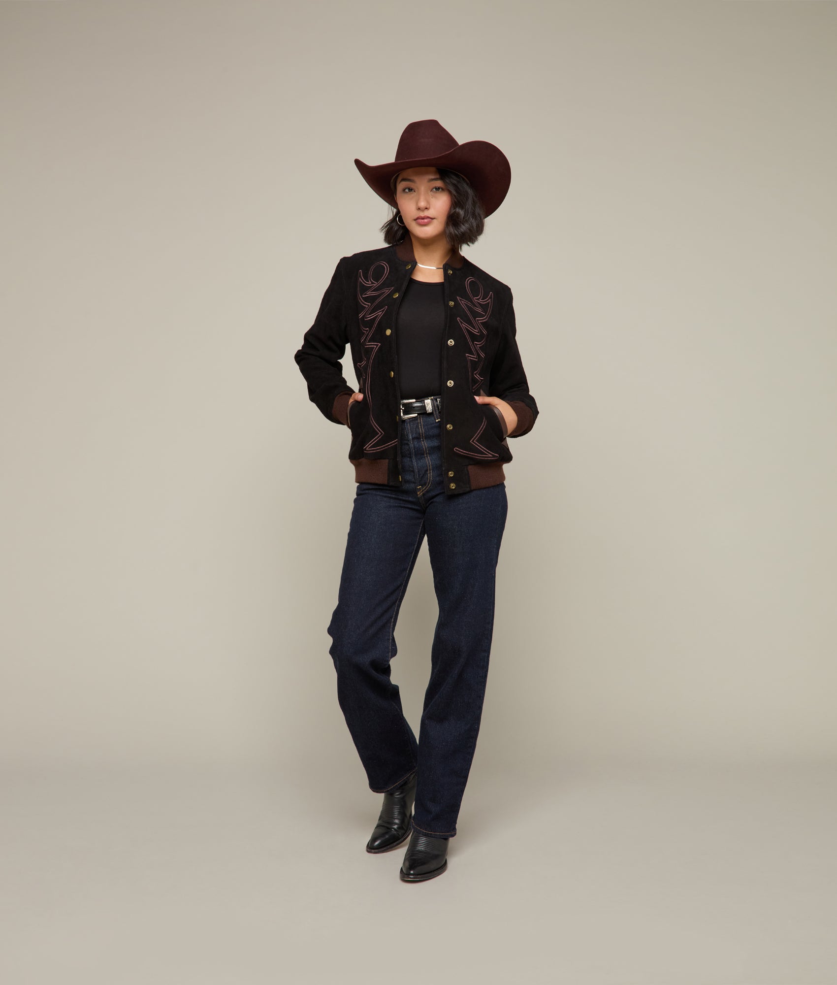 Embroidered Suede Bomber Jacket :: Black - Image 4