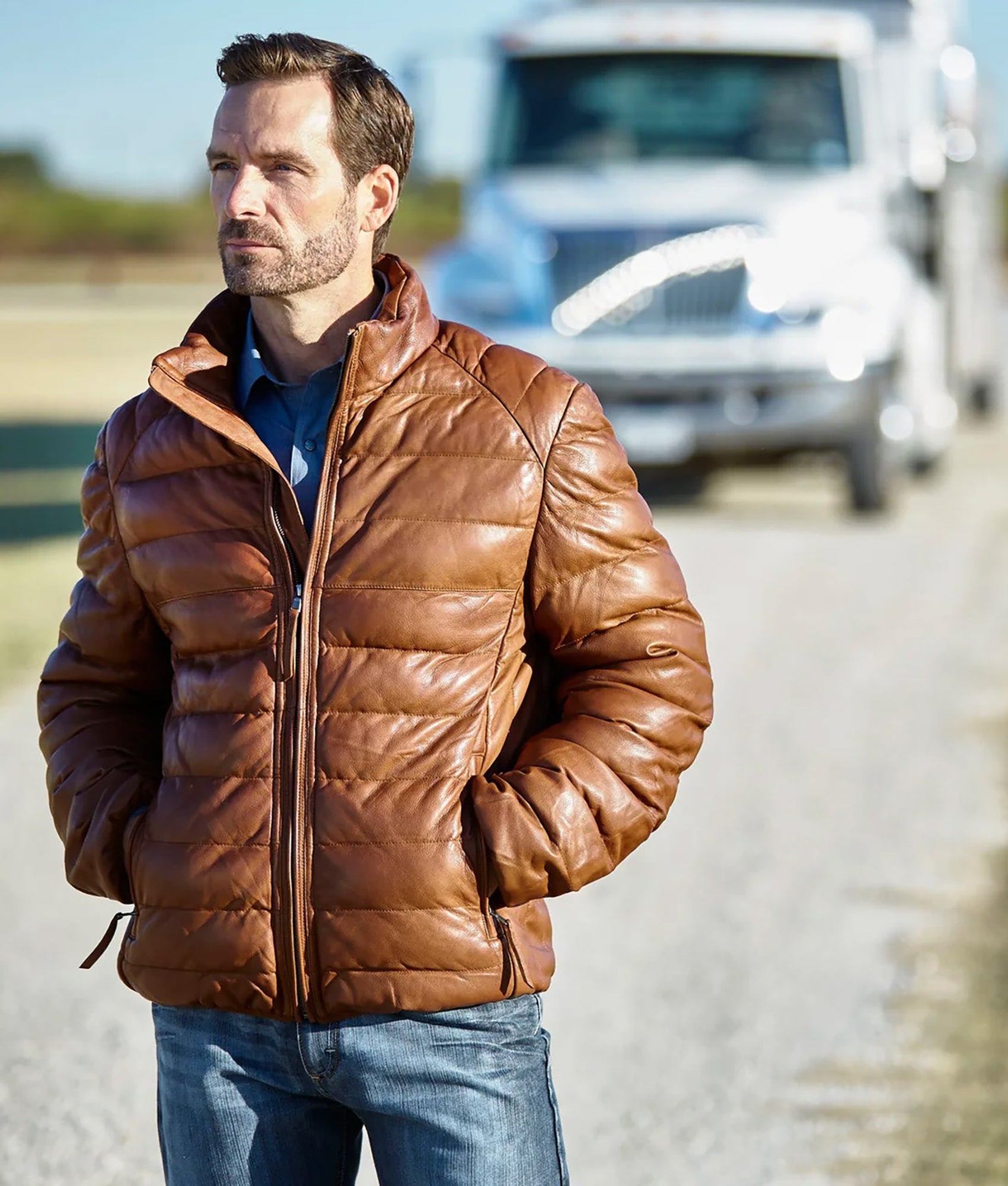 Men's Leather Puffer Jacket :: Cognac - Image 2