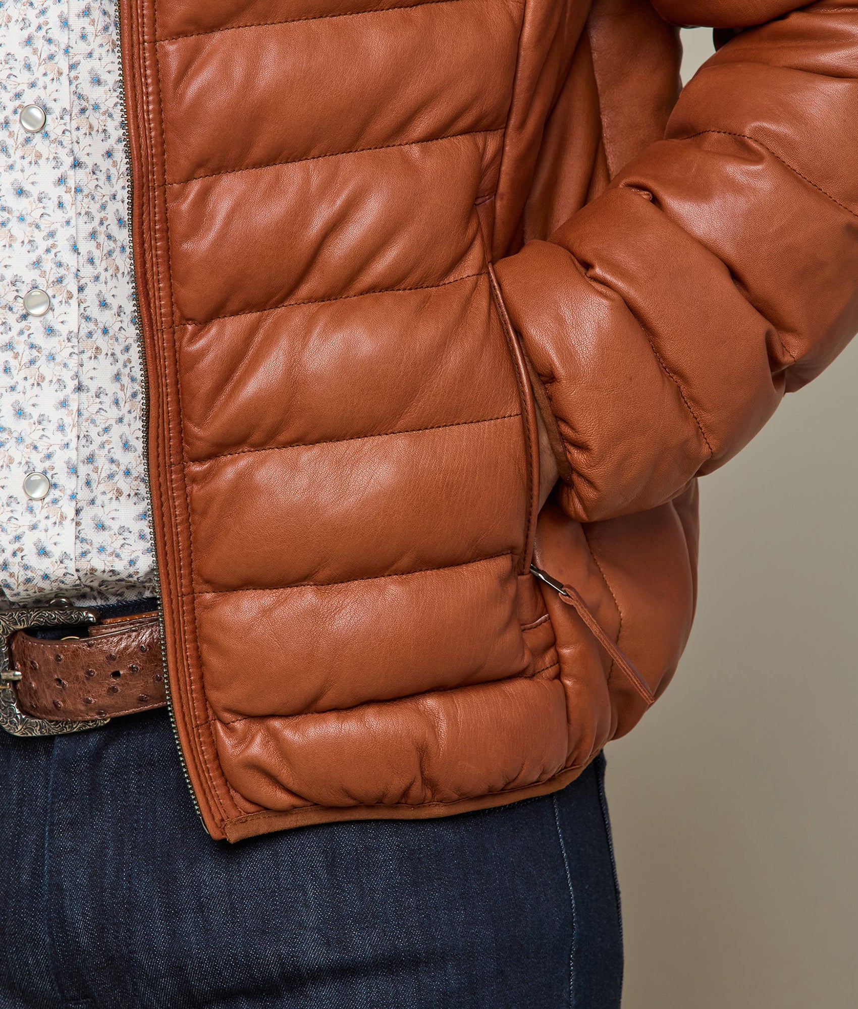 Men's Leather Puffer Jacket :: Cognac - Image 3