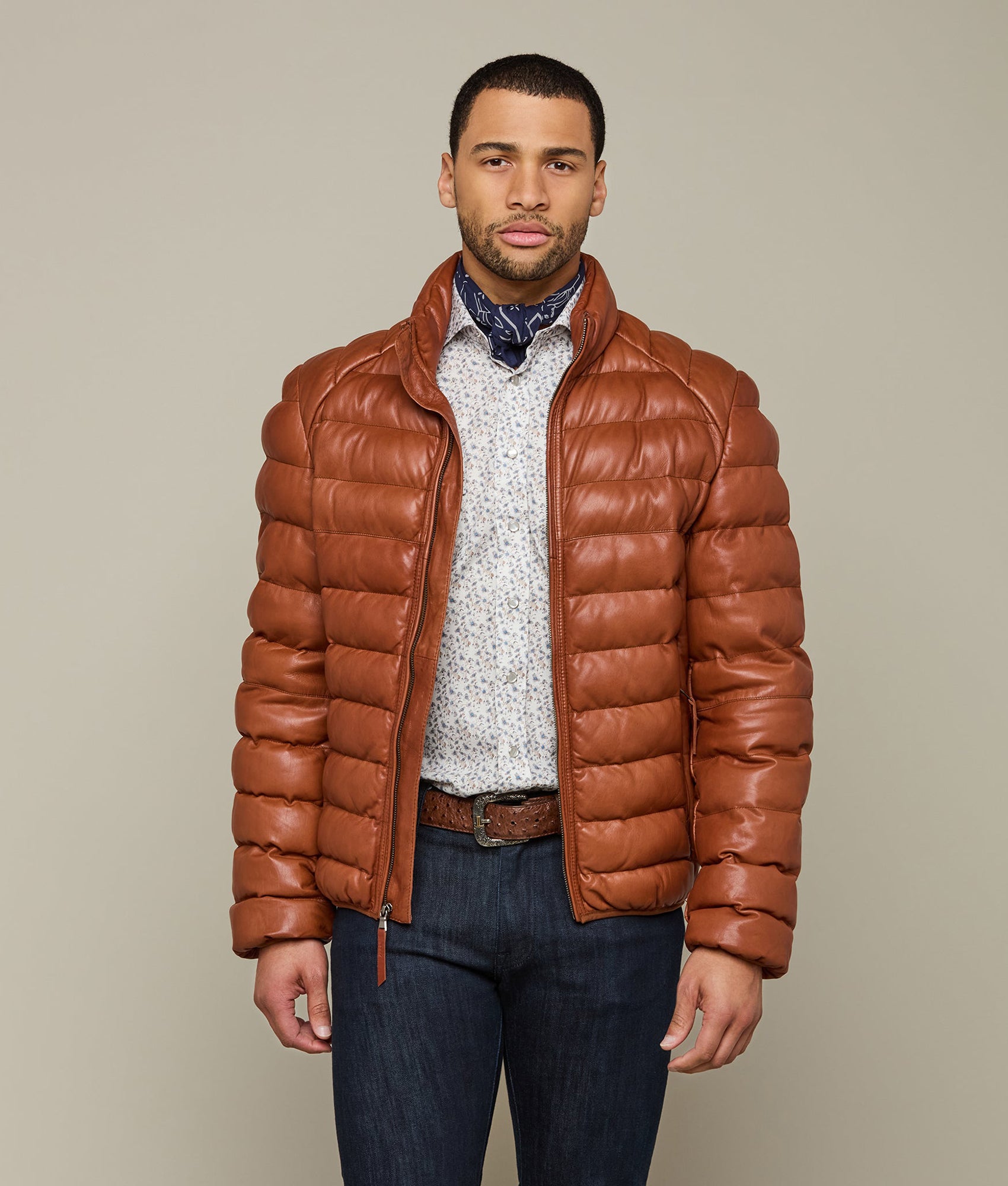 Men's Leather Puffer Jacket :: Cognac - Image 6