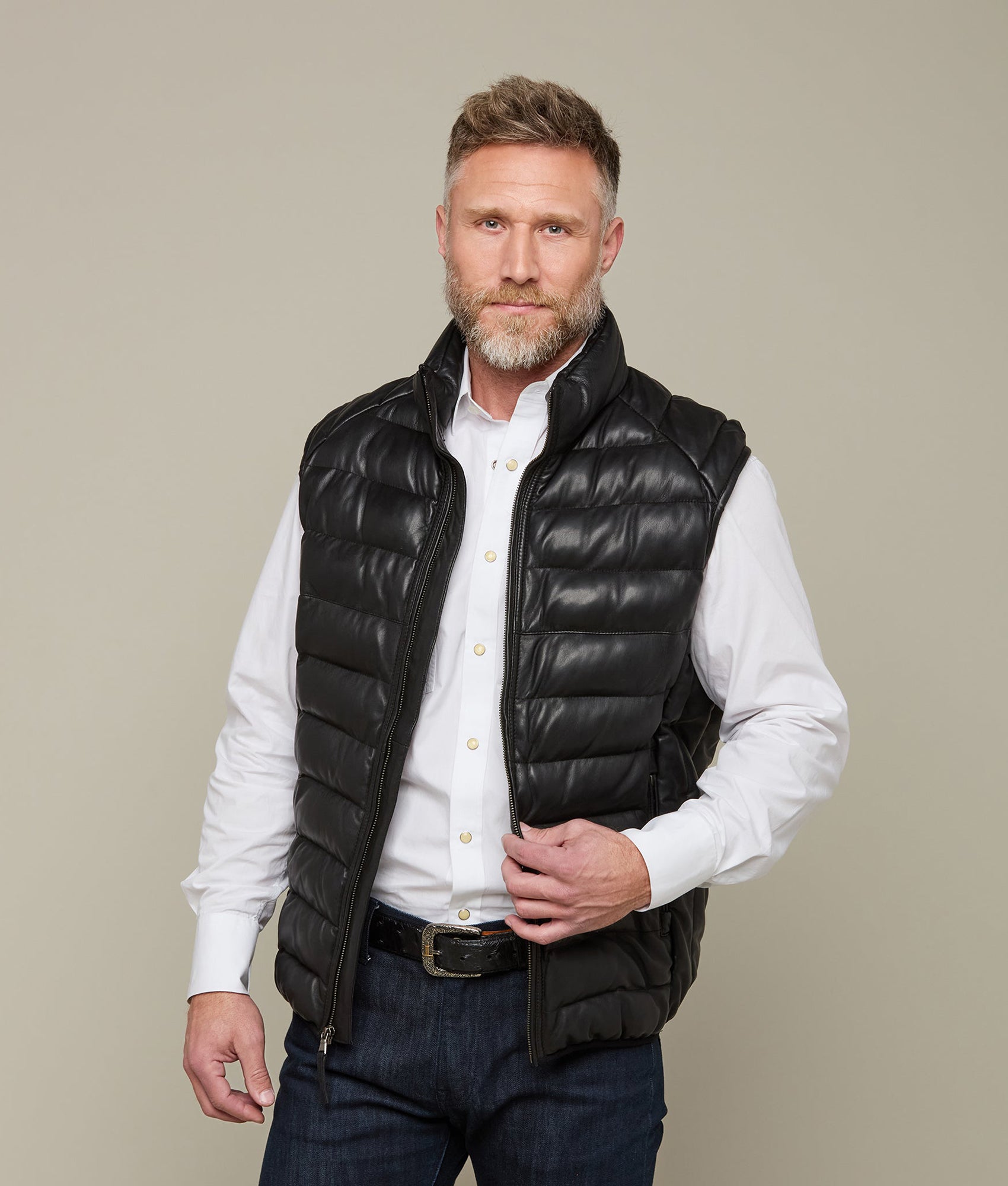 Men's Leather Puffer Vest :: Black - Image 5