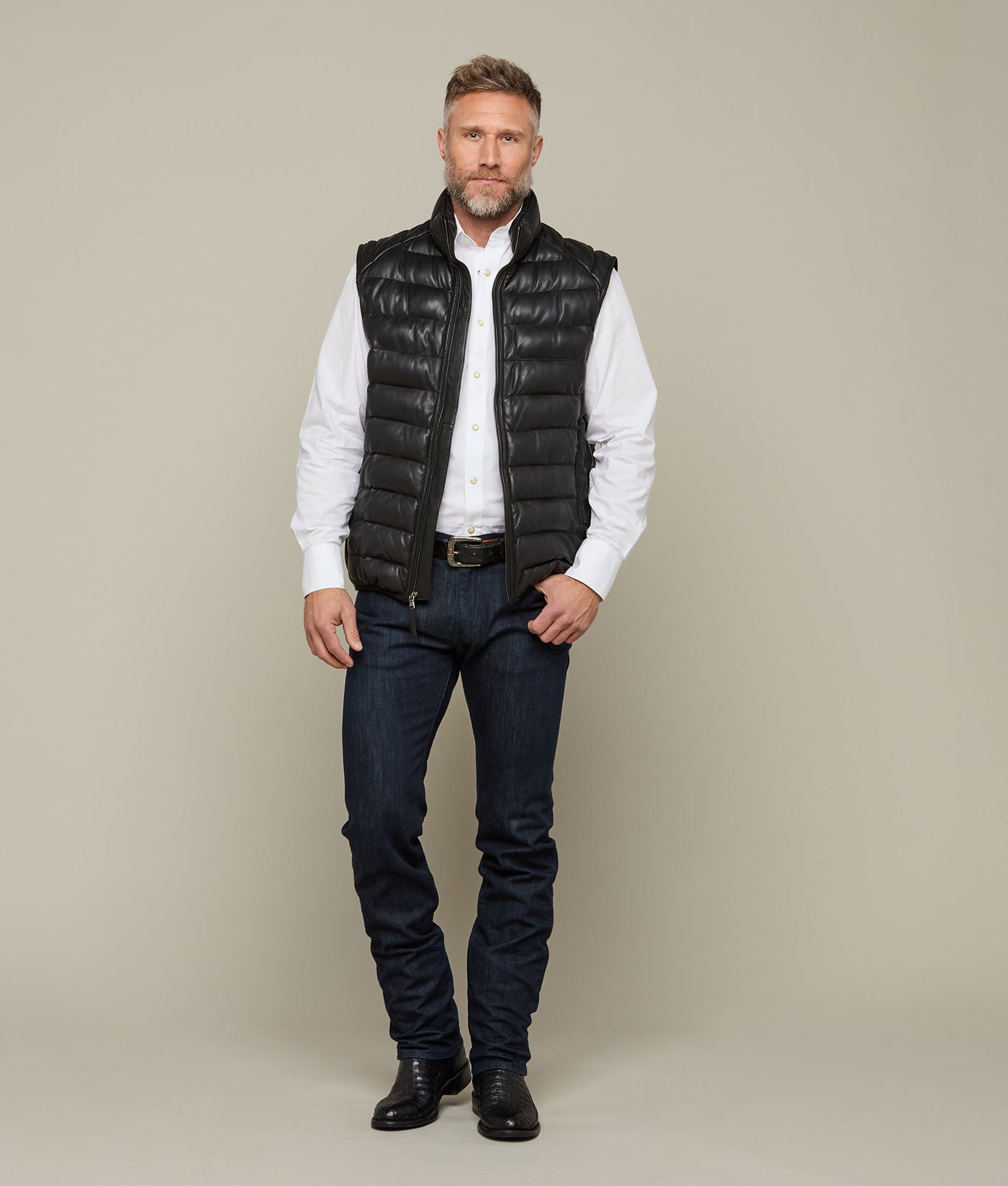 Men's Leather Puffer Vest :: Black - Image 4