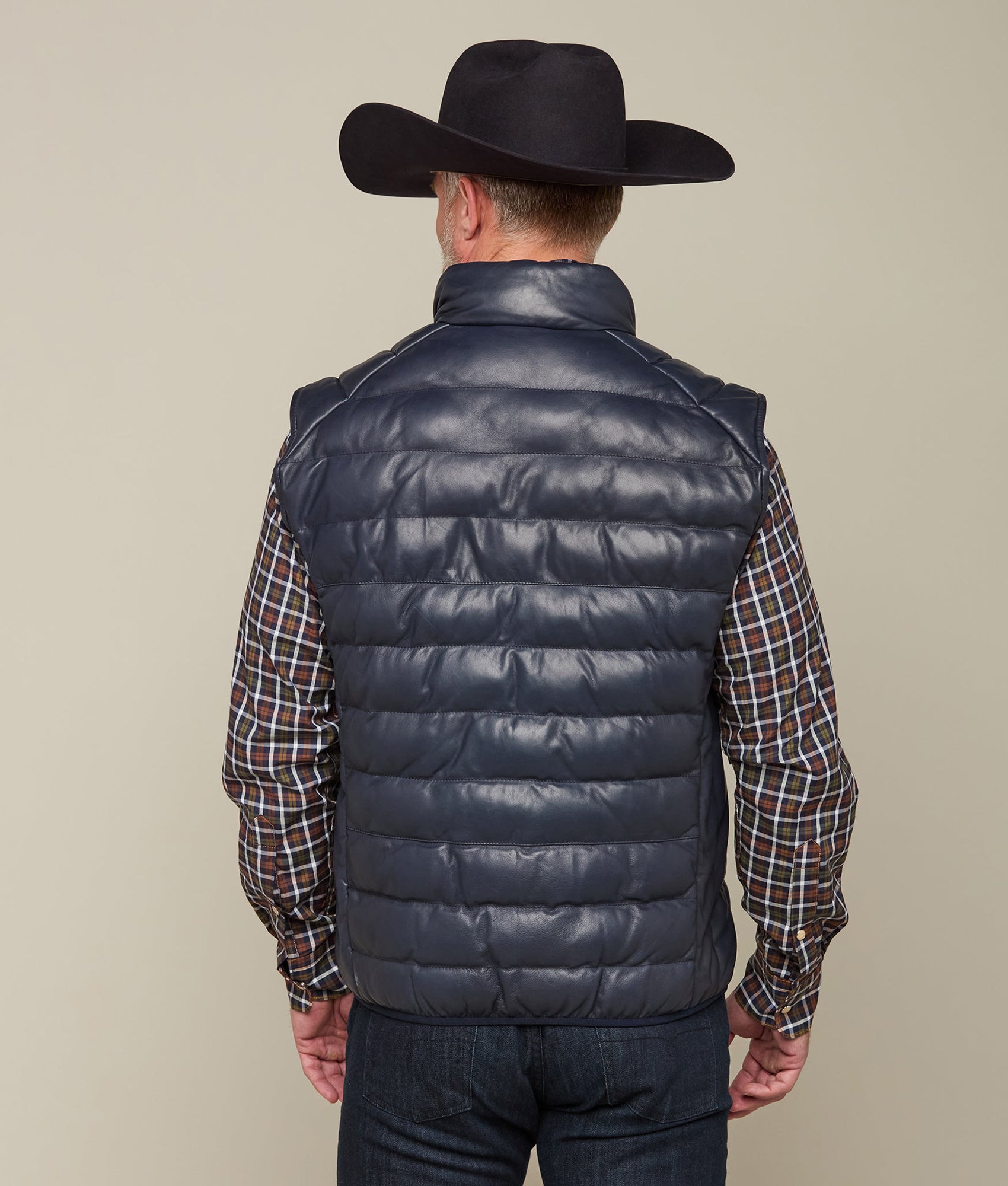 Men's Leather Puffer Vest :: Navy - Image 4