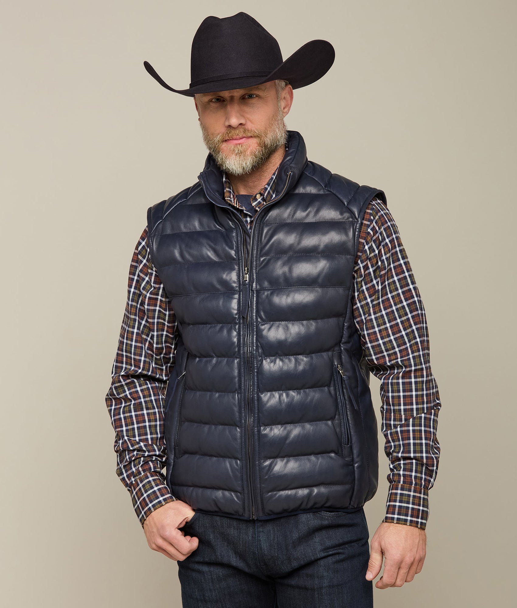 Men's Leather Puffer Vest :: Navy - Image 6