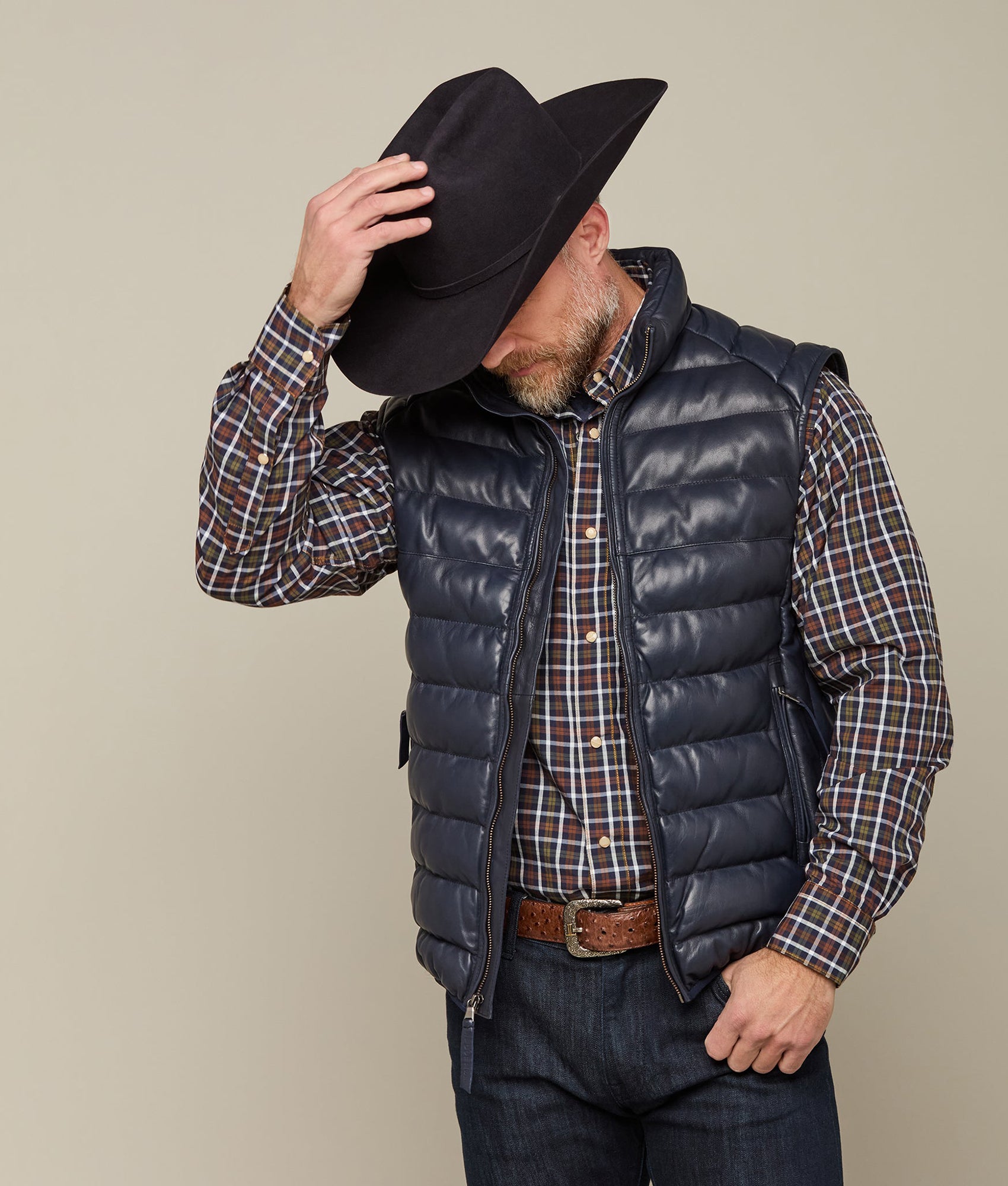 Men's Leather Puffer Vest :: Navy - Image 7